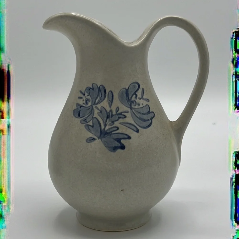 CREAM AND BLUE STONEWEAR DRINKING MUGS AND PITCHER